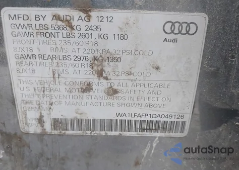2013 Audi Q5 2.0T Premium from USA, damaged, VIN WA1LFAFP1DA049126